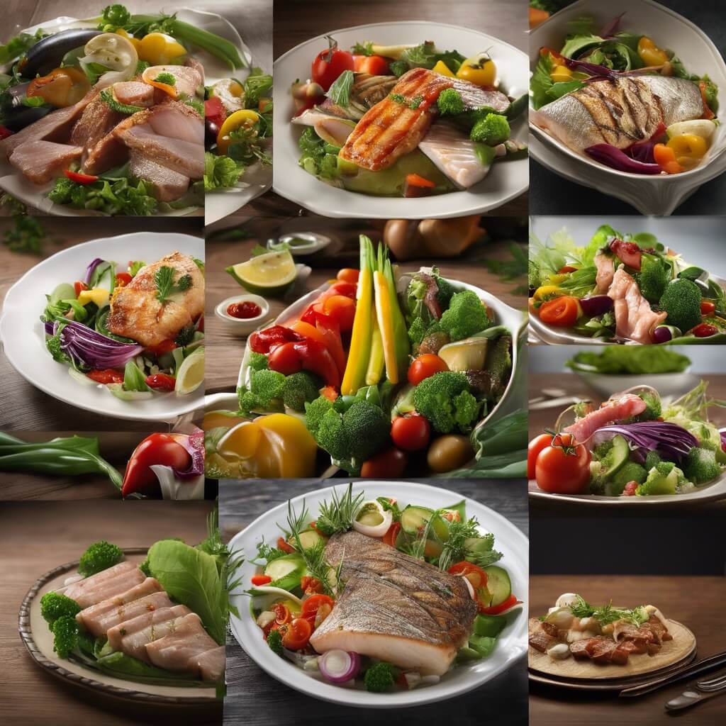 A variety of healthy global meals, including grilled fish with vegetables, a mixed green salad, and grilled meat with fresh veggies.