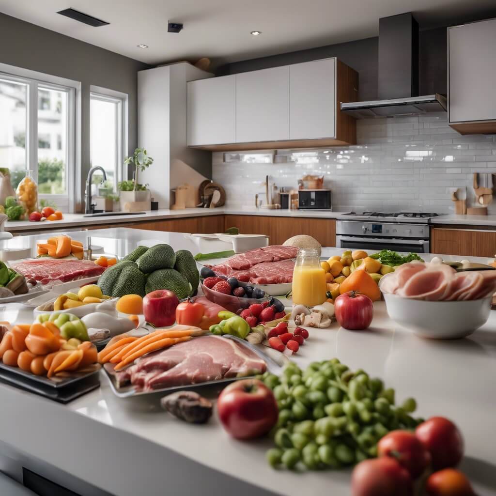 A modern kitchen countertop filled with a variety of fresh fruits, vegetables, and meats, highlighting healthy meal preparation options.