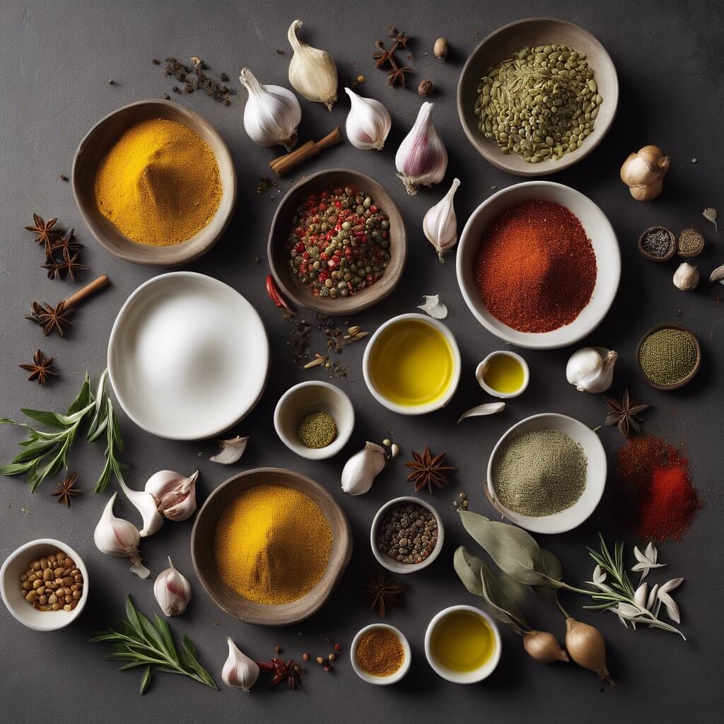 A variety of healthy food ingredients, including spices, garlic cloves, and olive oil.