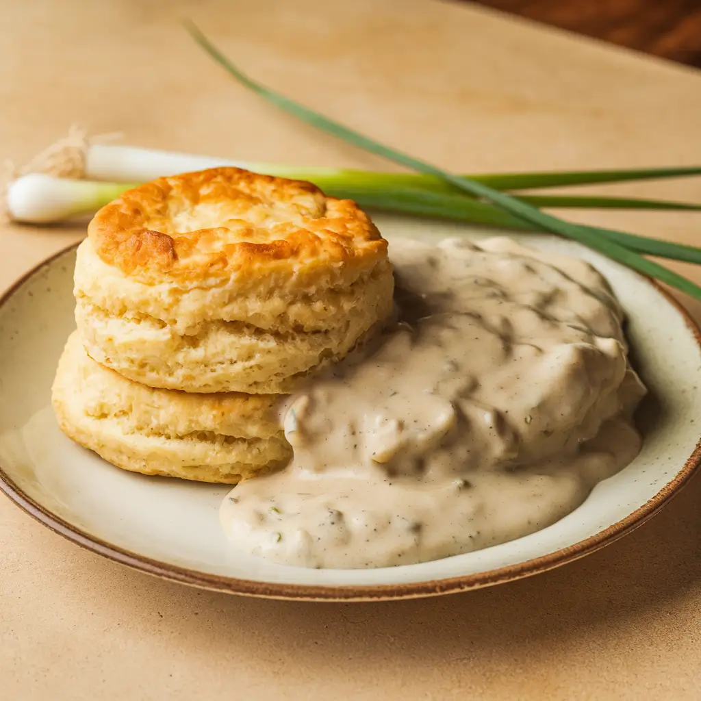 A plate of biscuits topped with creamy sausage gravy.