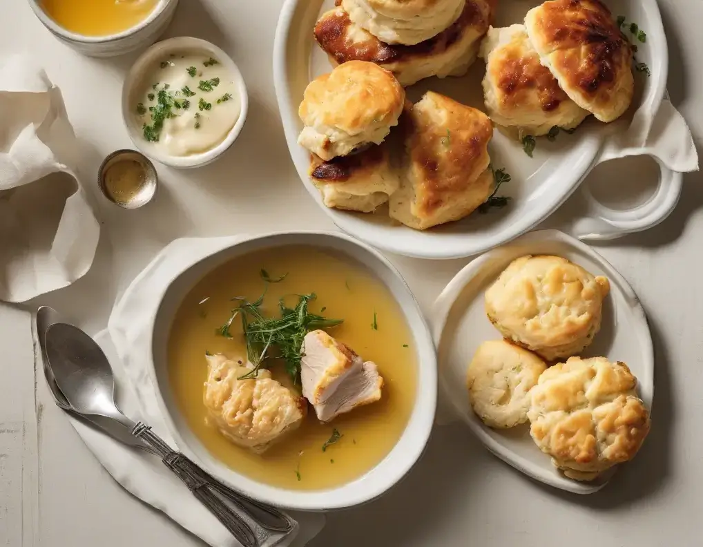 A table setting featuring a bowl of chicken gravy and pieces of chicken, accompanied by several golden-brown biscuits on a platter. along with a spoon and a napkin.