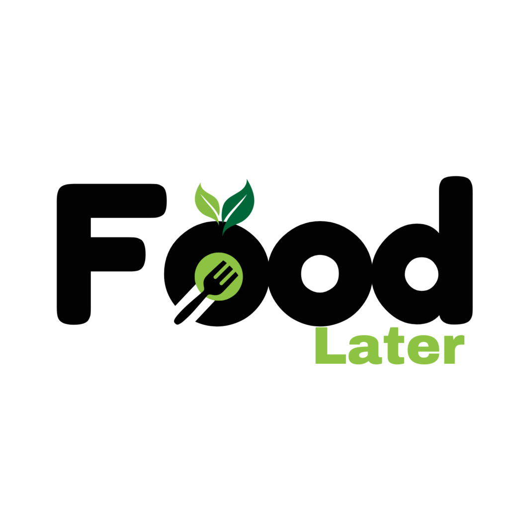 A modern logo for a food brand featuring the word 'Food' in bold black letters with a green fork icon integrated into the letter 'o,' and two green leaves above it, with the word 'Later' in a lighter green font below.