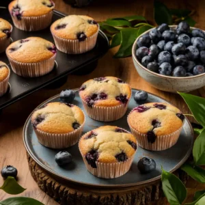 A plate of freshly baked gluten-free blueberry muffins surrounded by blueberries.