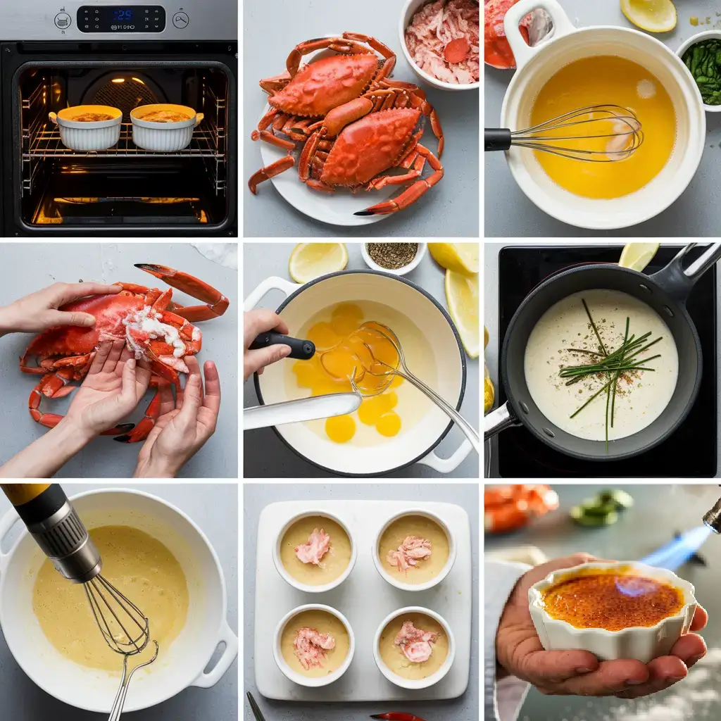 Collage of Crabe Brulee preparation steps, including baking, crab handling, and caramelizing.