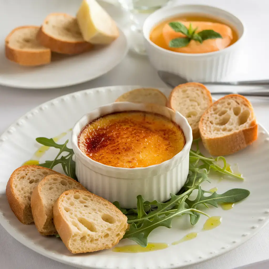 A spoonful of crab brulee lifted from a ramekin, with bread slices and arugula on a white plate.