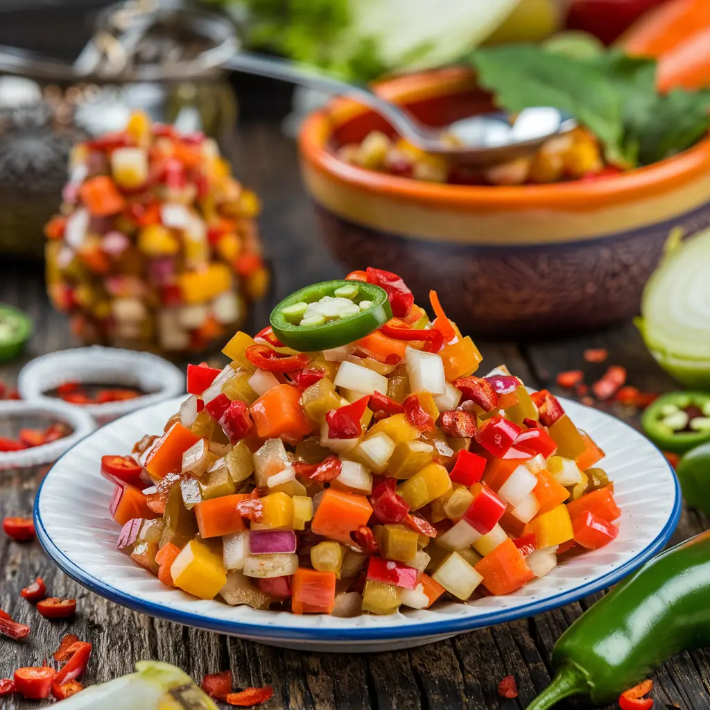 A colorful plate of chopped vegetables, including peppers, onions, and jalapeños, arranged in an appetizing manner.