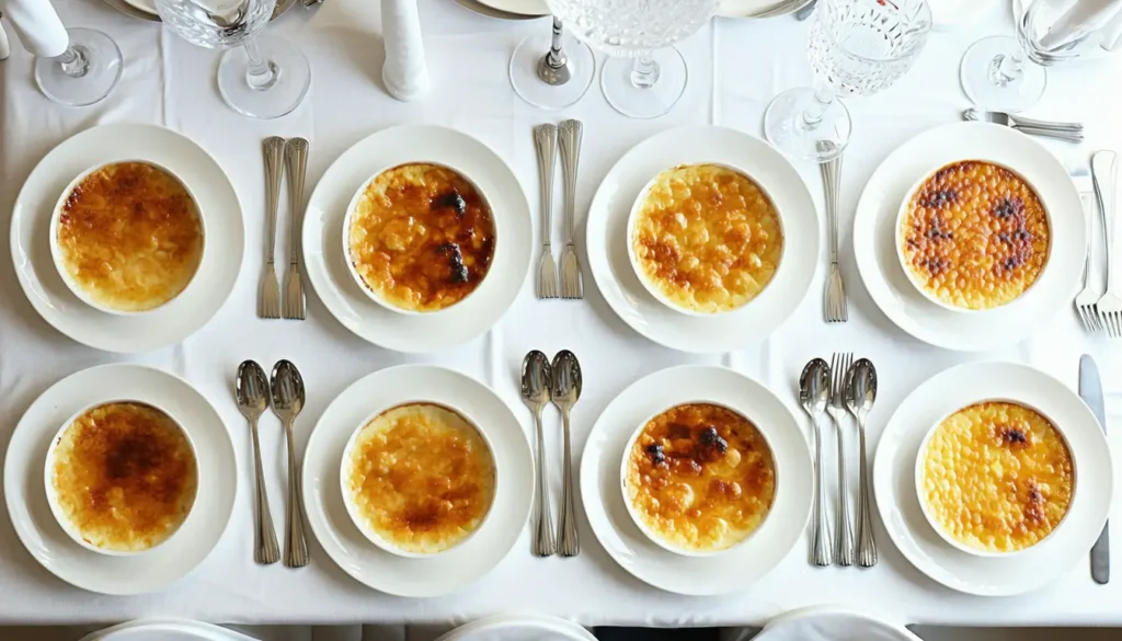 A table set with multiple servings of crab brulee in white bowls, each topped with a caramelized crust, surrounded by elegant cutlery.