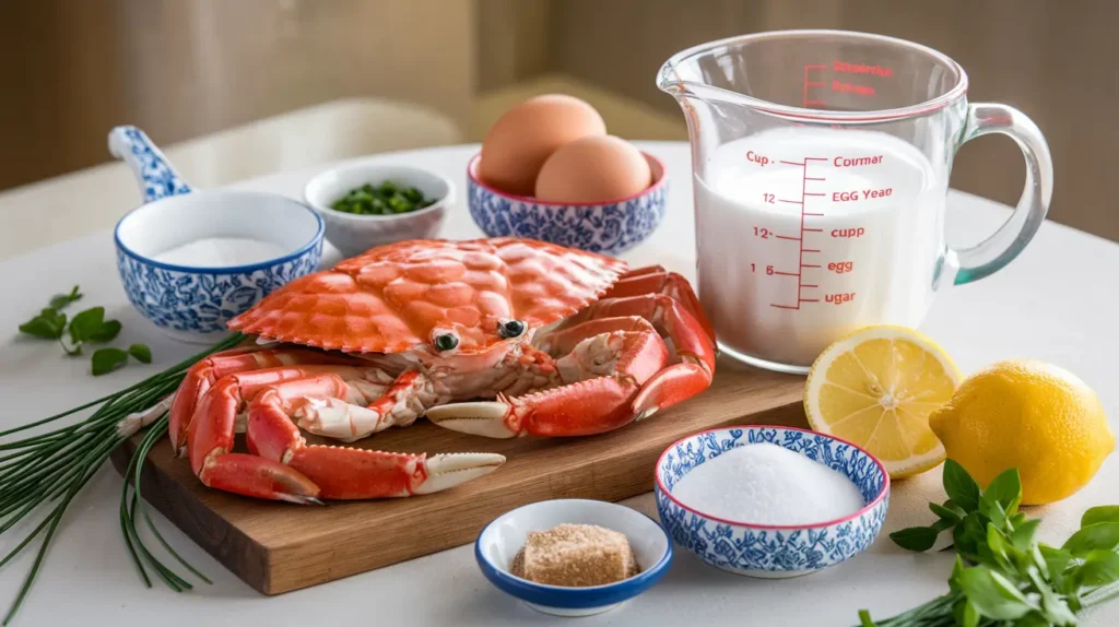 fresh crab, eggs, heavy cream, and various ingredients for crab brulee, arranged in decorative bowls.