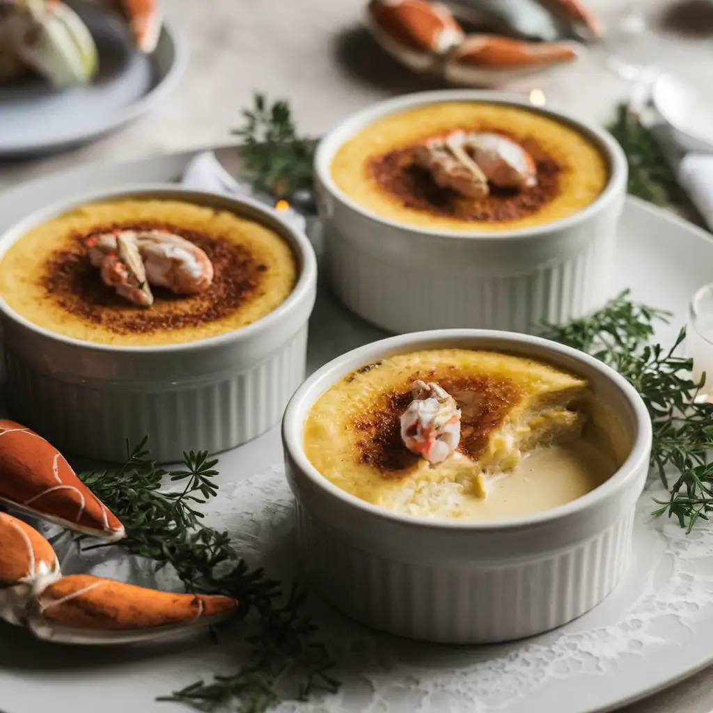 Three ramekins of crab brulee topped with crab meat, surrounded by crab claws and garnished with greenery.