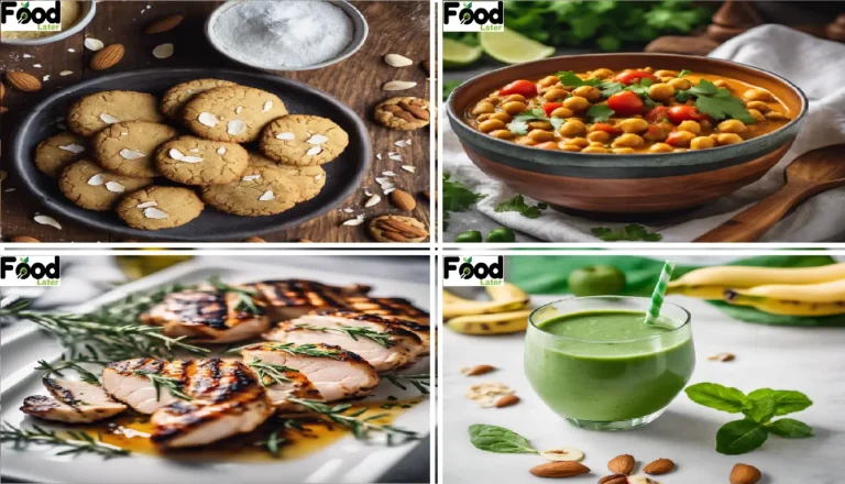 A collage of healthy dishes including almond cookies, chickpea curry, grilled chicken with herbs, and a green smoothie.