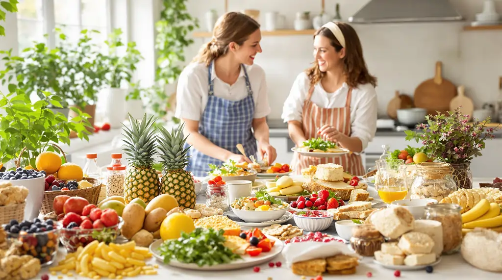 Two women preparing a colorful spread of gluten-free dishes and fresh fruits in a bright kitchen.